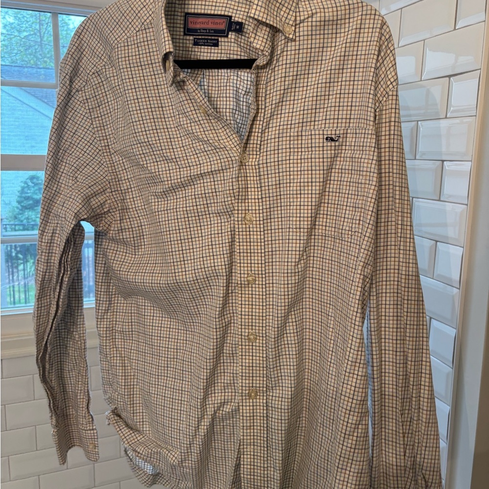 Vineyard Vines Men's Plaid Button Down Shirt - Cream and Blue